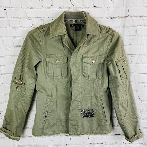 Jackets & Blazers - Green Raw Hem Embellished Cargo Army Jacket